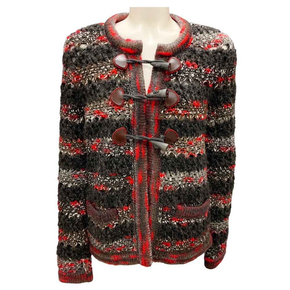 CHANEL GREY / RED MULTI WOOL KNIT TOGGLE SWEATER